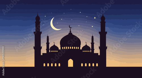 Silhouette of mosque at dusk with crescent moon and stars in the sky