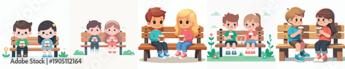 vector 2 children sitting on park bench drinking coffee together