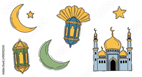 Islamic symbols and mosque illustration with crescent moons, stars, and lanterns in a serene nighttime setting