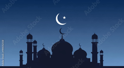 Serene mosque silhouette against a dusk sky with crescent moon and star shining brightly