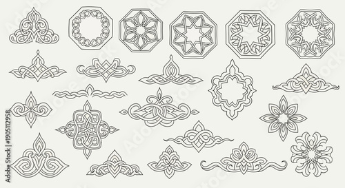 Intricate patterns and ornaments arranged artistically in a visually appealing composition, showcasing various shapes Whisk, 9161358a16335f2bd564e628d6daeb6adr.eps