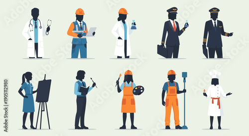Diverse Professionals in Various Occupations Illustrated in a Grid Layout