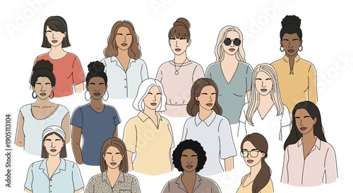 Diverse group of women standing together in a clean and simple illustration style