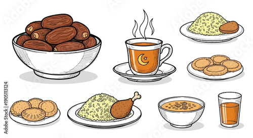 Assorted traditional Middle Eastern food and beverages, including dates, tea, and various dishes, displayed on plates and cups from a top-down viewpoint