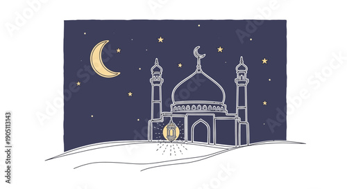 Nighttime illustration of mosque with crescent moon and stars in the sky