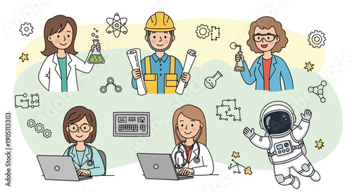 Scientists collaborate on space research project, surrounded by laboratory equipment and astronaut, in a modern workspace