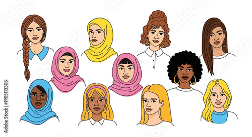 Diverse group of women wearing headscarves in a circular formation, showcasing various ethnicities and hairstyles together