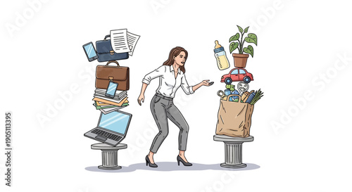 Woman juggling office supplies and household items while talking on phone, surrounded by clutter and chaos in a busy environment