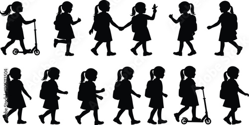 Collection of Thirteen Little Schoolgirl Silhouette Vector Illustration Set, Young Students with Backpacks Walking and Riding Scooters for Back to School Education Design,