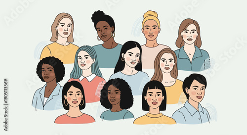Diverse group of young women gathered together in a flat illustration style, showcasing various hairstyles and clothing