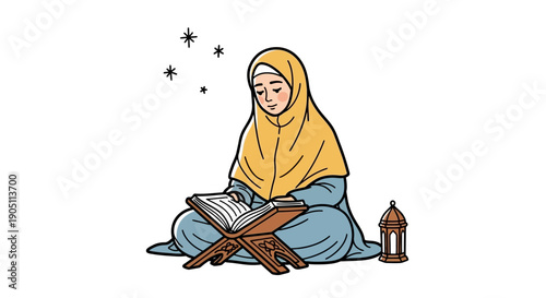 Woman in yellow hijab reading book on wooden stand with lantern nearby in serene environment