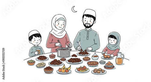 Family Gathering for Meal Preparation under Crescent Moon, Celebrating Cultural Heritage with Traditional Cuisine and Togetherness