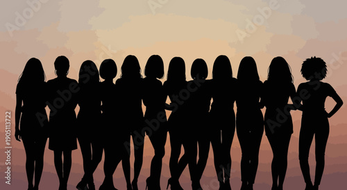 Group of women standing together in a line, silhouetted against a vibrant sunset backdrop, illustrating unity and solidarity.