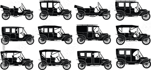Collection of Twelve Detailed Black Silhouettes Featuring Antique Vintage Horseless Carriages and Classic Early Twentieth Century Motor Cars for Historical Automotive Graphic Design Projects