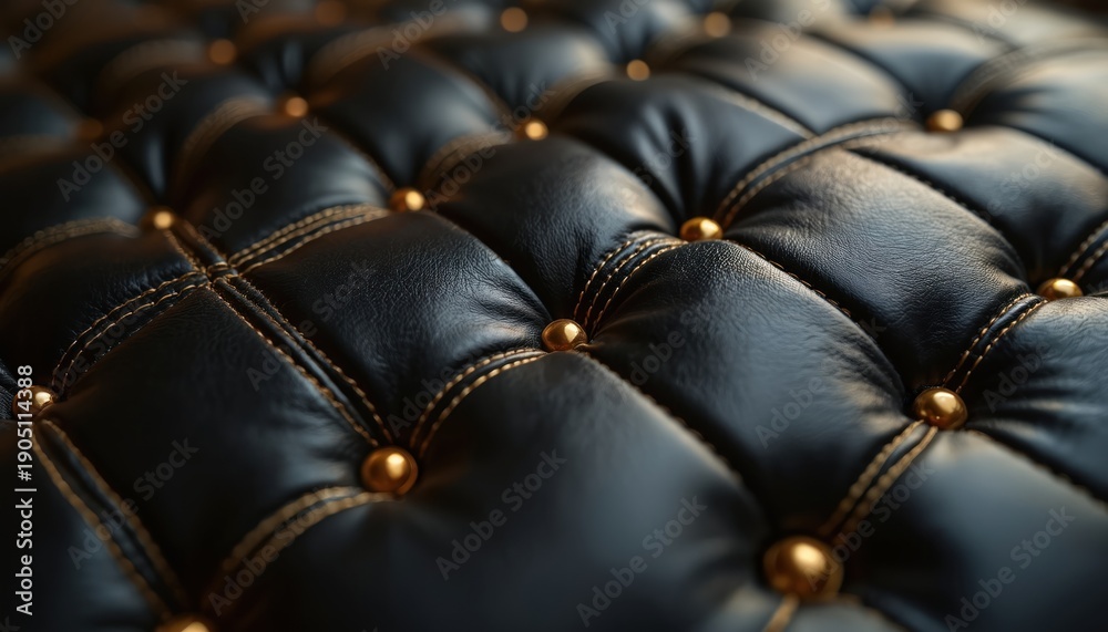 Fototapeta premium Black leather tufted texture with diamond pattern stitching and gold buttons. Deep plush surface with rich glossy sheen. Luxury material for upholstery, fashion, and interior design backgrounds.