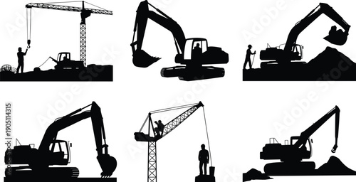 Construction site silhouettes showing excavators and tower cranes with workers, heavy machinery operations, industrial building process, black vector illustration collection