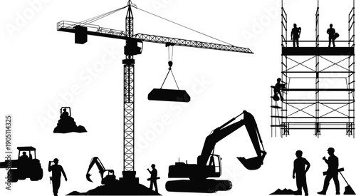 Construction site silhouettes with tower crane, excavator, scaffolding and workers, heavy machinery operation concept, black vector illustration isolated on white background