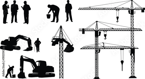 Construction site silhouettes with tower cranes, excavators and workers, industrial building process, heavy machinery operations, engineering teamwork, black vector illustration isolated on white