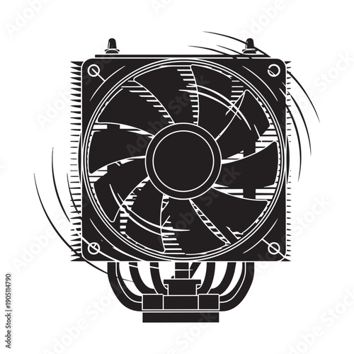 Computer pc cooling fan vector illustration with swirling motion graphic element in dark silhouette