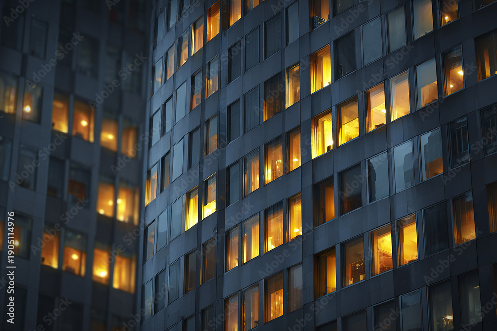 Obraz premium Office building windows glowing warmly at night with interior lights on, creating cozy and inviting atmosphere in urban environment. Modern architecture with reflective glass panels