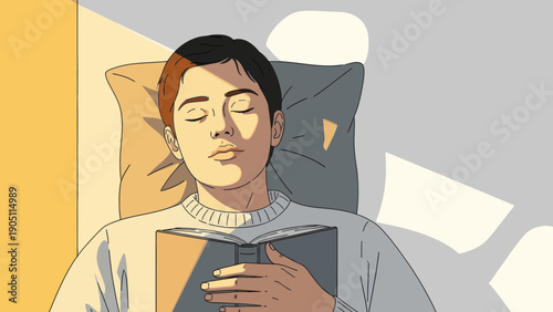 Woman Reading Book in Bed Relaxing.