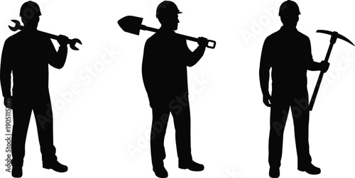 Construction worker silhouettes holding tools, builder and laborer standing poses, industrial workforce concept, black isolated vector illustration