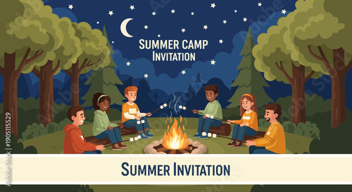 Children Gathered Around Campfire at Summer Camp Invitation.