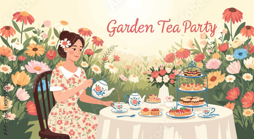 Elegant Garden Tea Party with Woman and Floral Delights.