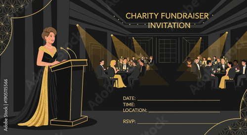 Elegant Woman Speaking at Charity Fundraiser Event on Stage.