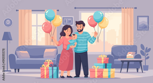 Family Celebration Parents Holding Baby with Balloons and Gifts.