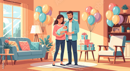 Family Celebration Parents Holding Newborn Baby at Home.