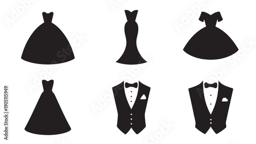 A sophisticated collection of black silhouette vector icons representing various elegant wedding dresses and classic men's formal wear, ideal for invitations and design