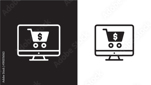 Simple computer monitor icon with a shopping cart and dollar sign, symbolizing online shopping and e-commerce, presented in black and white