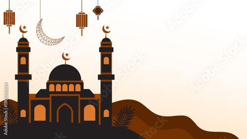 islamic mosque silhouette with hanging lanterns and brown hills background for ramadan
