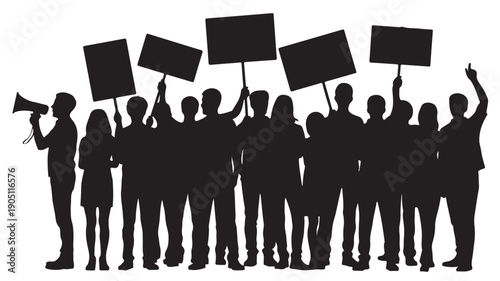 A Black And White Silhouette Illustration of a Group of People Protesting with Signs and a Megaphone