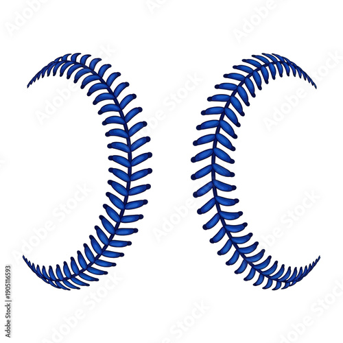 Perfect vector illustration of symmetrical, curved royal blue baseball stitching, high contrast and texture detail, isolated on transparent background. Minimalist sports iconography concept