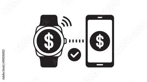 Contactless payment illustration with smartwatch and smartphone symbols