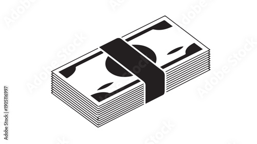 Clean isometric black and white icon featuring a securely banded bundle of paper currency, an essential visual element for themes of savings, investment, and financial growth