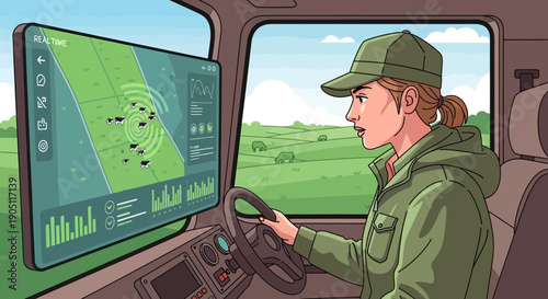 Woman operating autonomous vehicle with advanced technology interface.