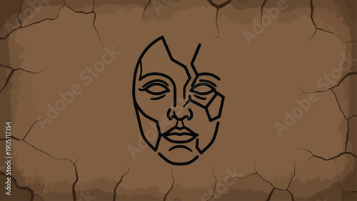 Cracked ancient face mask symbol of broken identity.