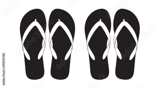 Clean vector illustration featuring two distinct pairs of classic black and white flip-flops, perfect for summer, beach, or casual footwear designs, isolated on a white background