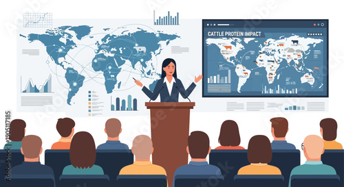 Businesswoman presenting global data to an audience in a conference.