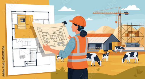 Female Engineer Reviewing Construction Plans on a Farm Site.