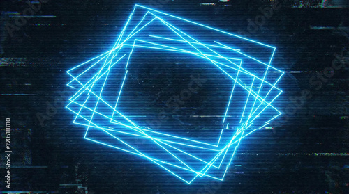 Blue neon glowing geometric square frames with digital glitch effect