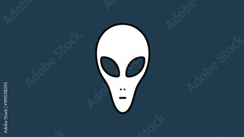 Minimalist illustration of a white alien head with large black eyes.