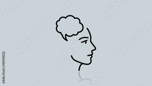 Minimalist line art of a human head with a thought bubble.