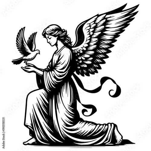 Angel kneeling with bird vector illustration