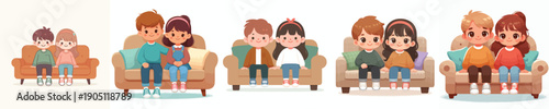 vector 2 children sitting together on sofa