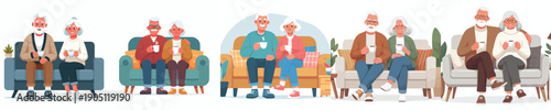 vector old couple sitting on sofa drinking coffee together