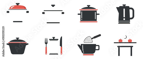 Kitchenware icons collection featuring pots, pans, utensils, and appliances on a clean white background from a straightforward viewpoint for graphic design